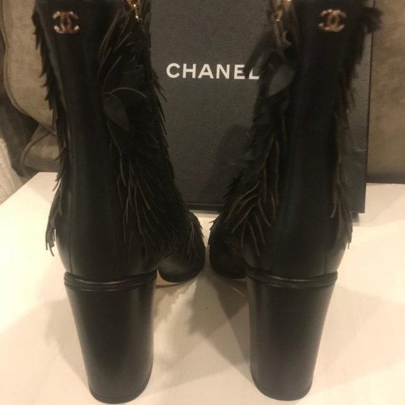 CHANEL 18C Leather Fringe Leaf Detail Ankle Boots Bootie Heels Shoes - Picture 5 of 12